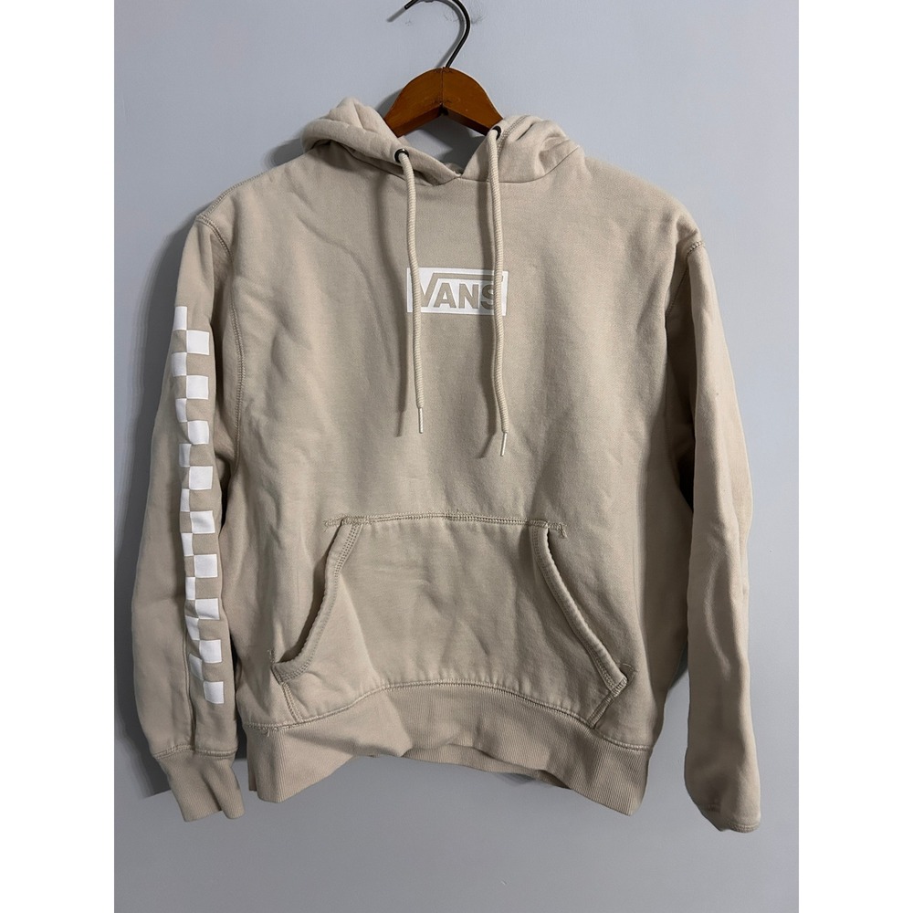 Vans Versa Hoodie XXS Tan Beige Checkerboard Sleeve Logo Pullover Sweatshirt